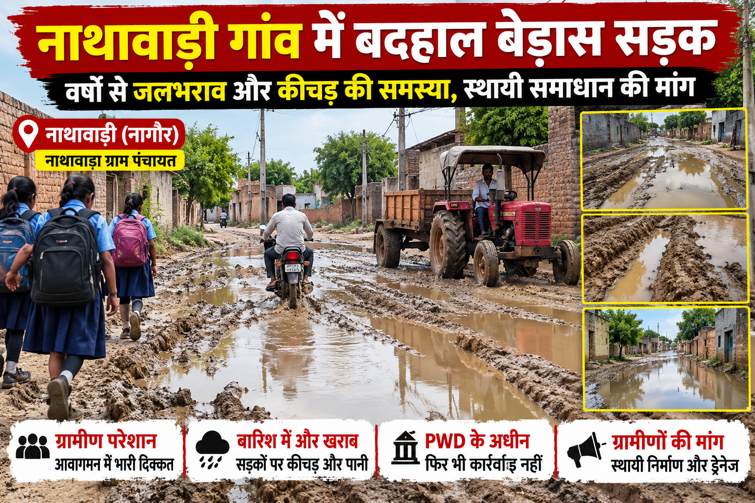 नाथावाड़ी बेड़ास सड़क की बदहाली | जलभराव और कीचड़ से ग्रामीण परेशान – Degana Update