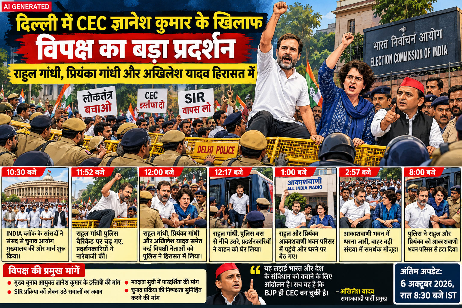 दिल्ली में CEC ज्ञानेश कुमार के खिलाफ विपक्ष का बड़ा प्रदर्शन, राहुल-प्रियंका-अखिलेश हिरासत में