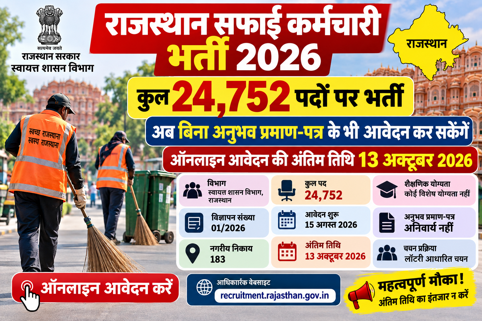 राजस्थान सफाई कर्मचारी भर्ती 2026: 24,752 पद, बिना अनुभव आवेदन, 13 अक्टूबर अंतिम तिथि